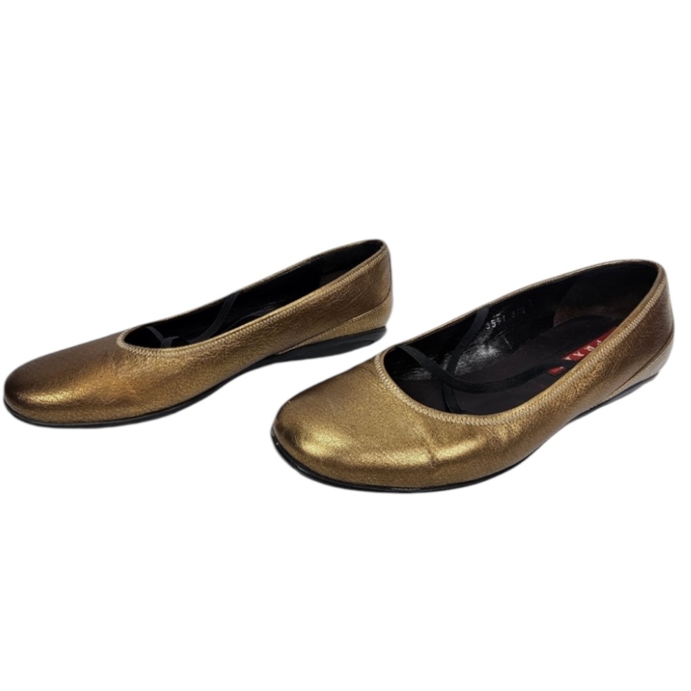 PRADA Bronze Leather Elastic Band Flat Shoes Women's Size 35 Designer